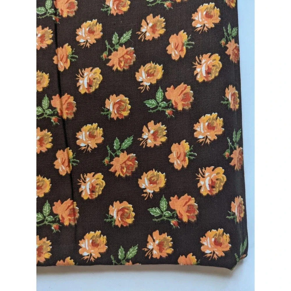 Vintage Mid-Century Floral Fabric Orange Rose Print Brown Background 44